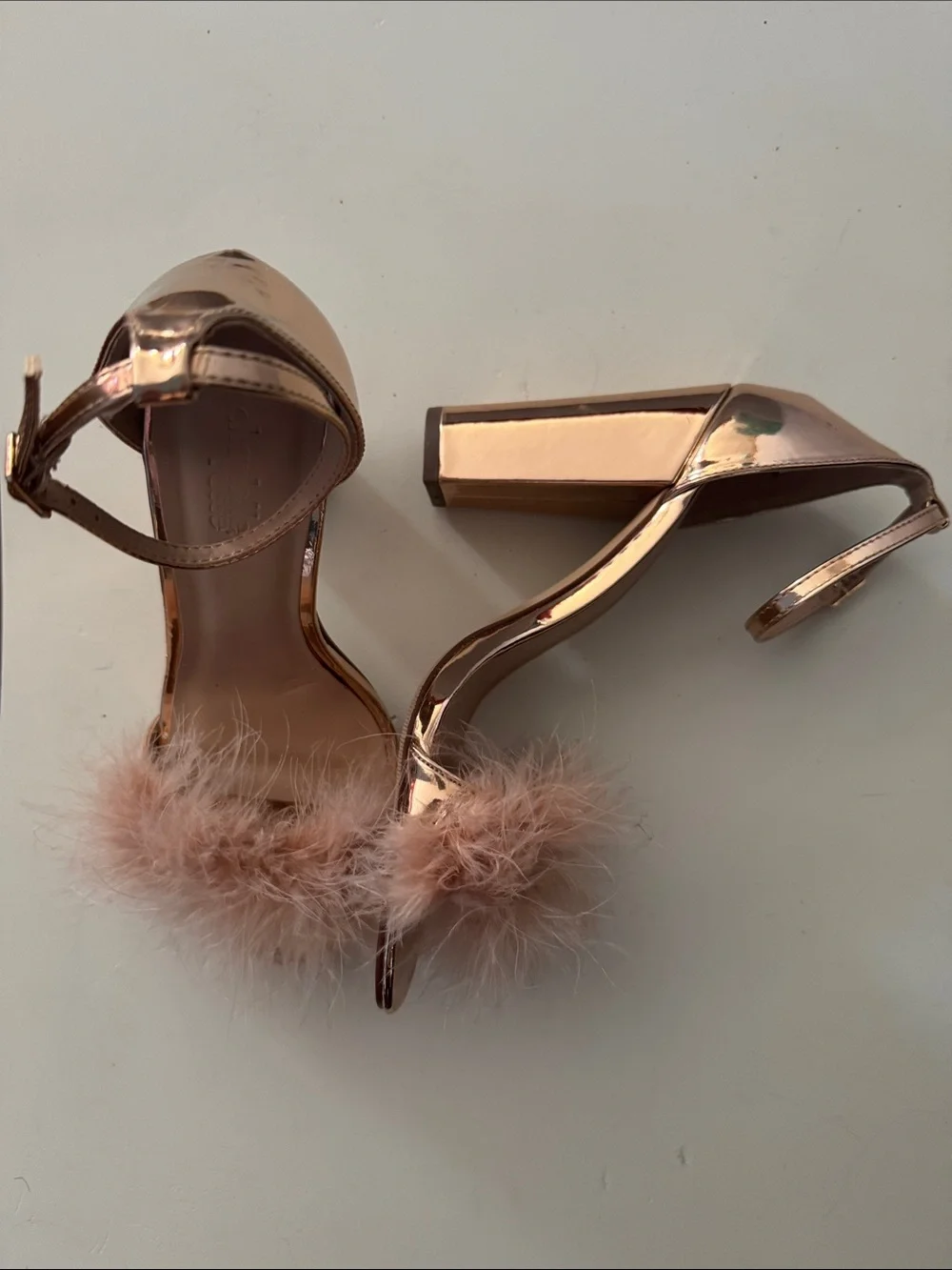 Charlotte Russe Gold Feather Slide Block Heels